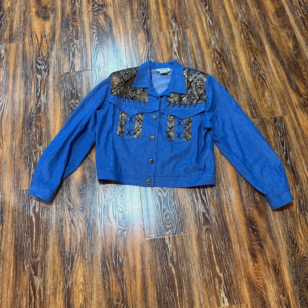 Vintage 90s Blue Denim Western Paisley Tapestry Jacket Women's Size 10 M 90s VTG